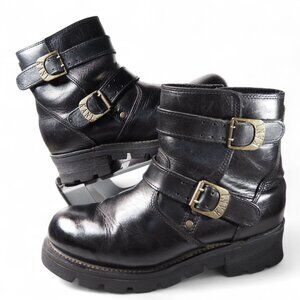Karl Kani Vintage Leather Ankle Motorcycle Lugged Biker Boots Black Men's